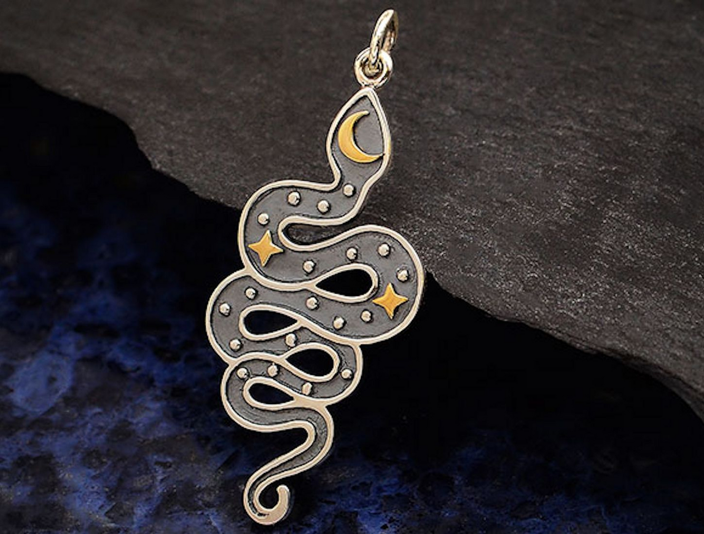 Handcrafted Mystical Snake Pendant Necklace: silver with golden moon and stars