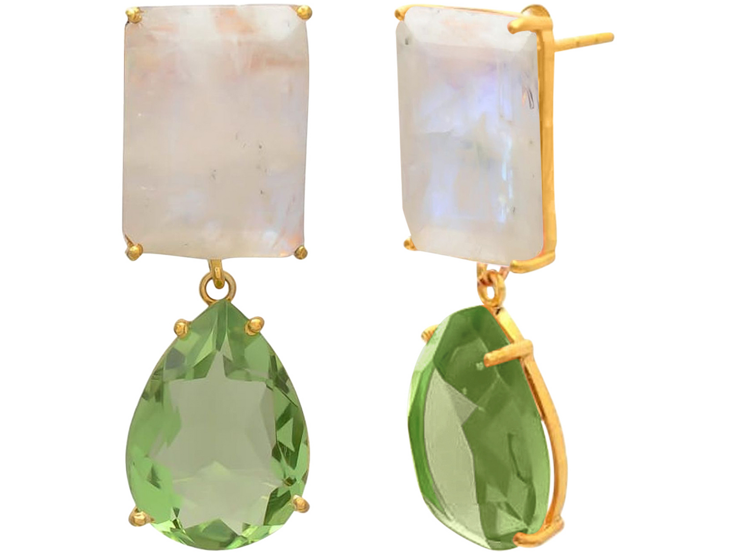 Handcrafted Moongemstone and Prasiolite Drop Earrings: silver gold plated