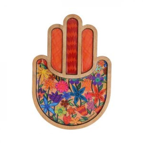 Yair Emanuel Two-Layered Wood Wall Hamsa Enamel Finish - Colorful Floral Display