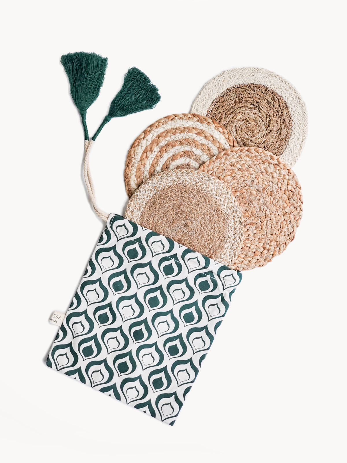 Natural Coaster Trivet Gift Set with Green pouch 6"