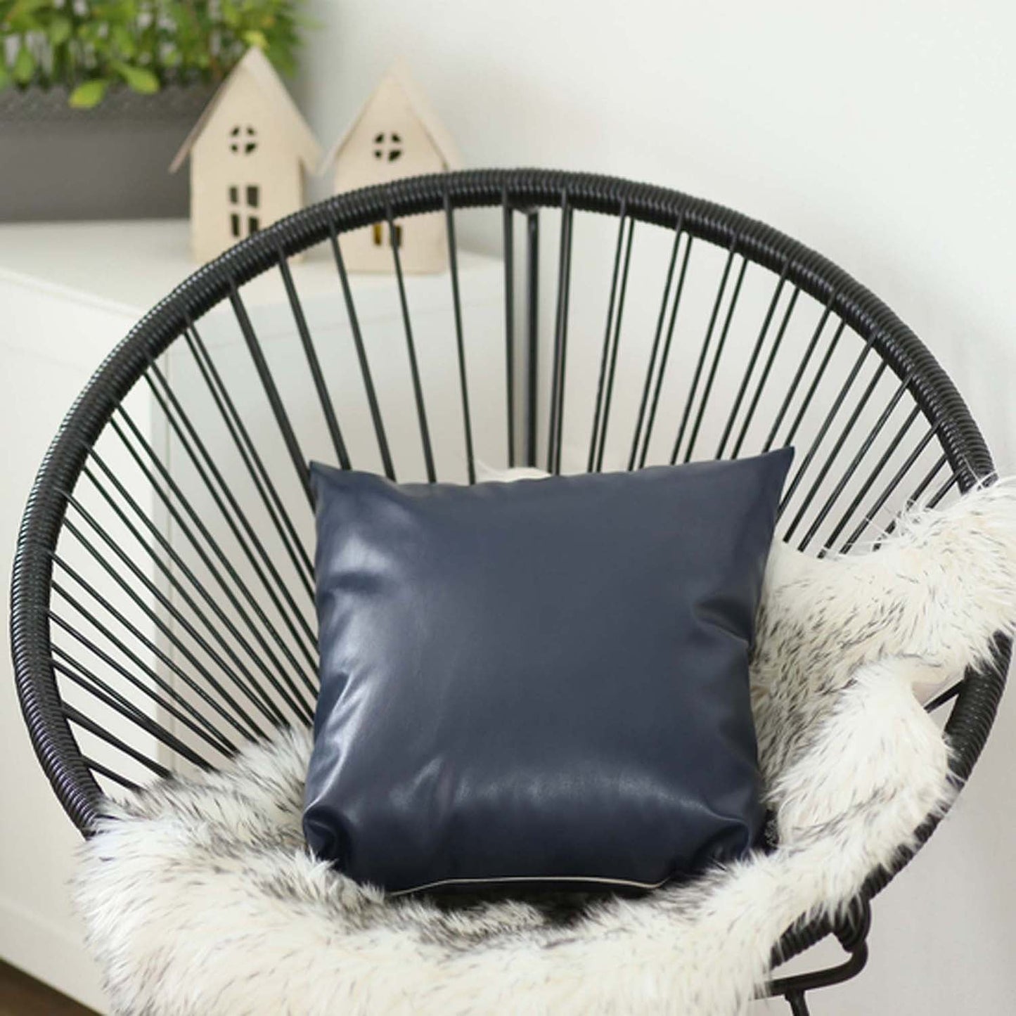 Boho Throw Pillow 17" x 17" Navy Blue Mixed Design Set of 2 Vegan Faux Leather Solid for Couch, Bedding