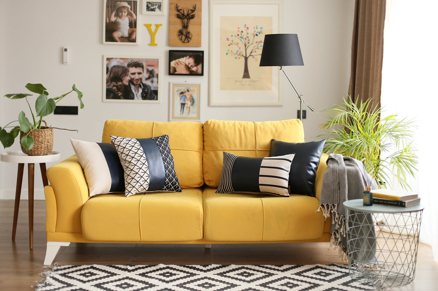 Boho Throw Pillow 17" x 17" Navy Blue Mixed Design Set of 2 Vegan Faux Leather Solid for Couch, Bedding