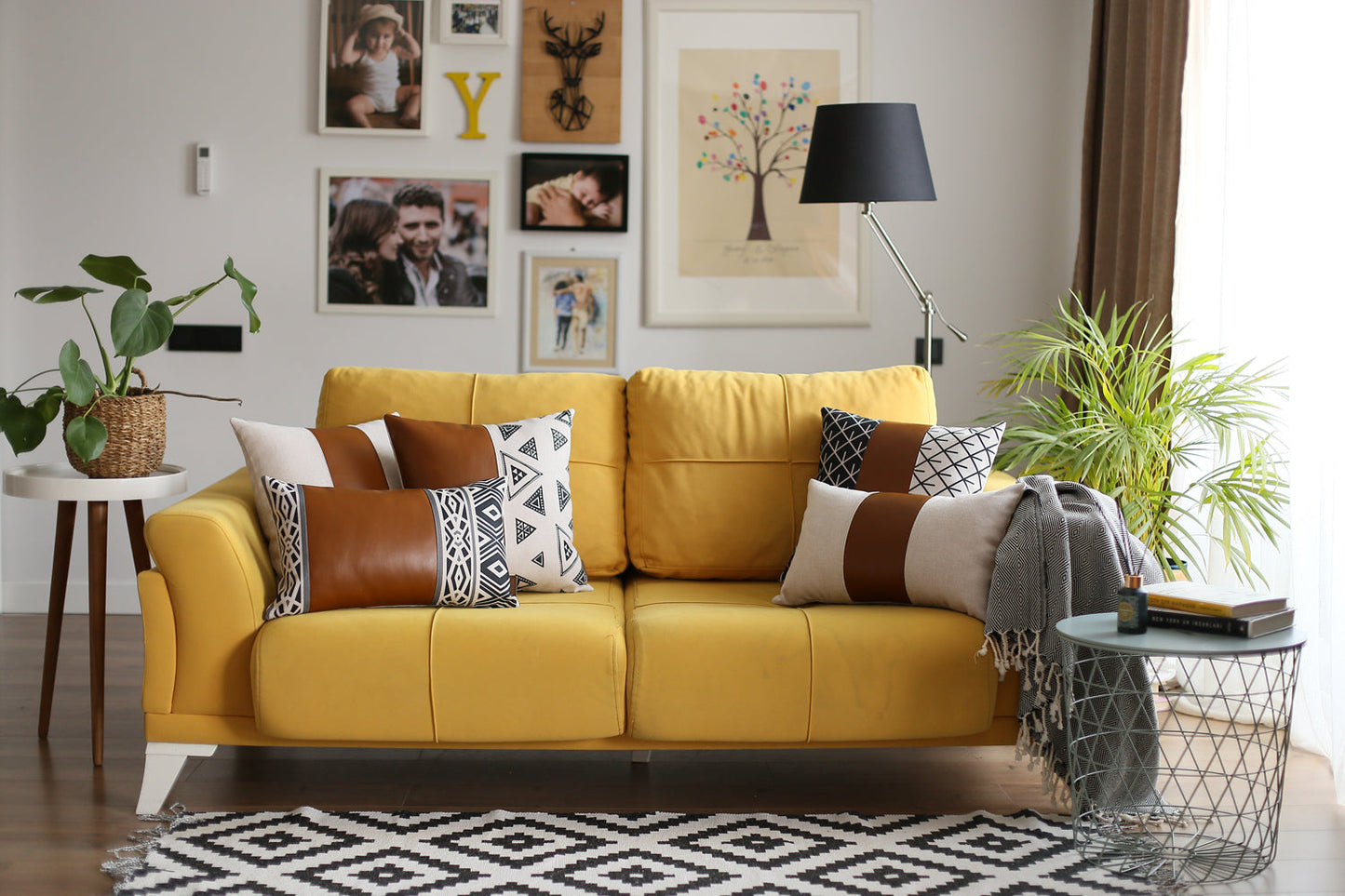 Boho Throw Pillow Brown Mixed Design Set of 2 Vegan Faux Leather Solid for Couch, Bedding