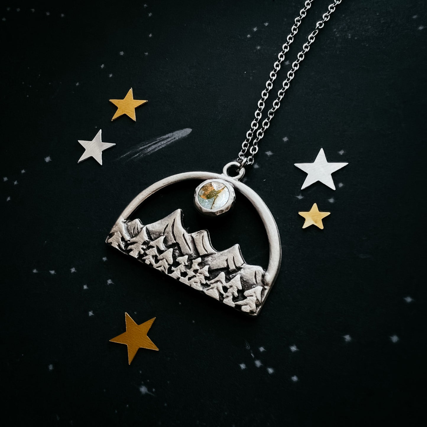 Semicircle Mountain Landscape Necklace with Copper Calcite Moon