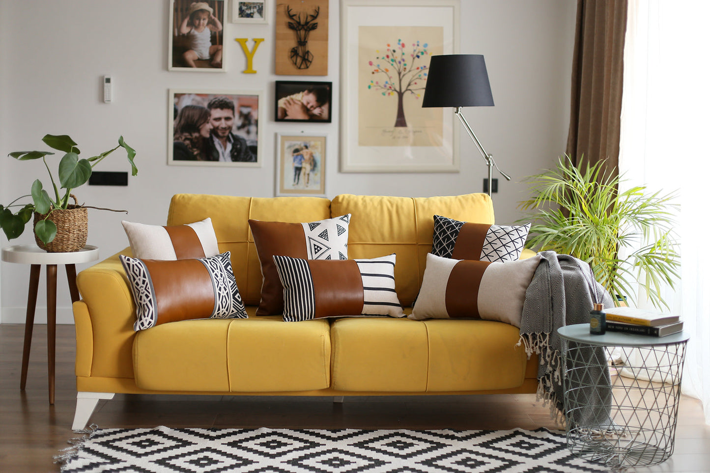 Bohemian Mixed Set of 2 Vegan Faux Leather Brown Solid Throw Pillow Cover for Couch, Bedding