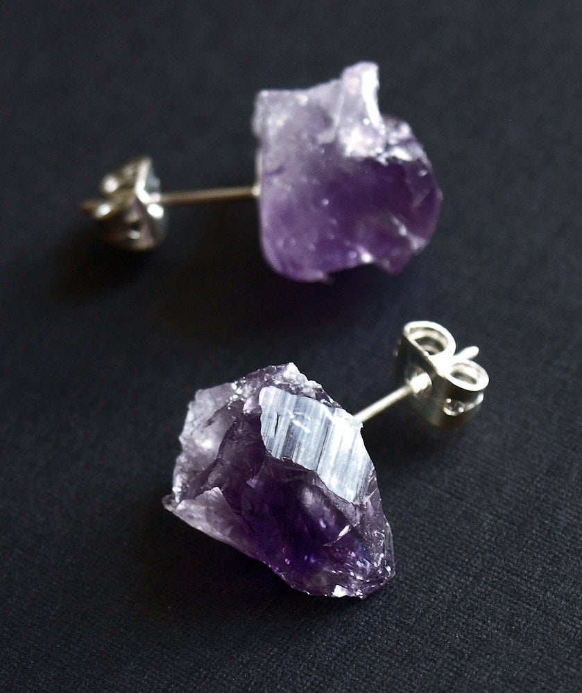 Raw Amethyst Earrings, Raw Stud Earrings