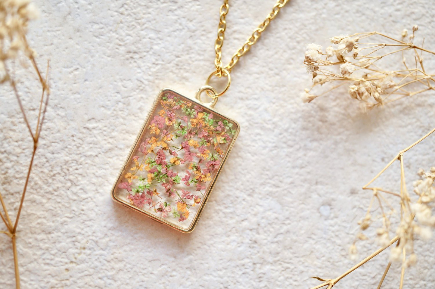 Real Dried Flowers in Resin Necklace, Gold Rectangle in Pink Green Orange Mix