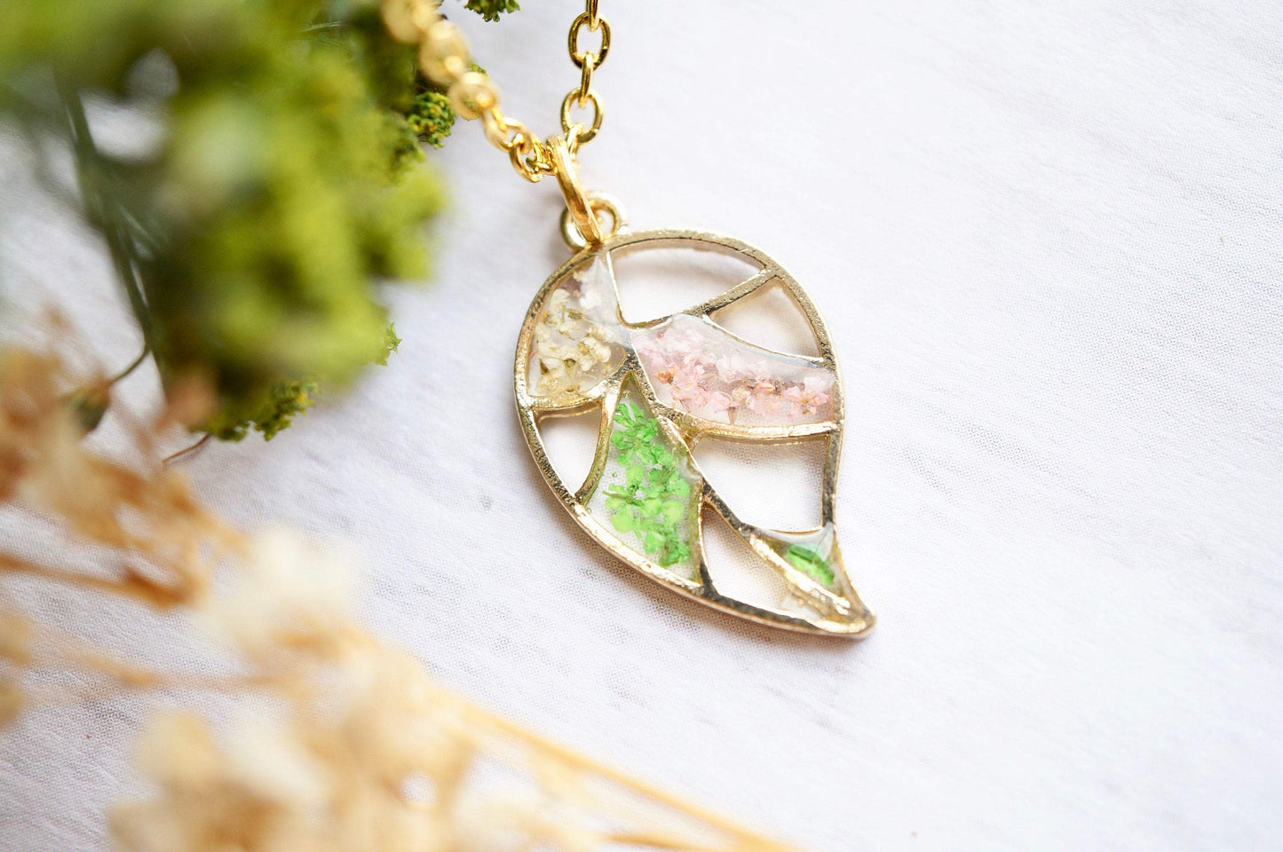 Real Pressed Flowers in Resin, Gold Necklace, Palm Leaf in Green White Light Pink