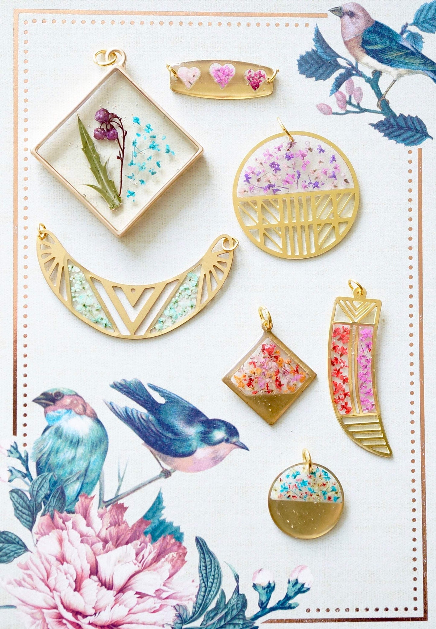 Real Pressed Flowers in Resin, Gold Triangles in Magenta and Light Pink