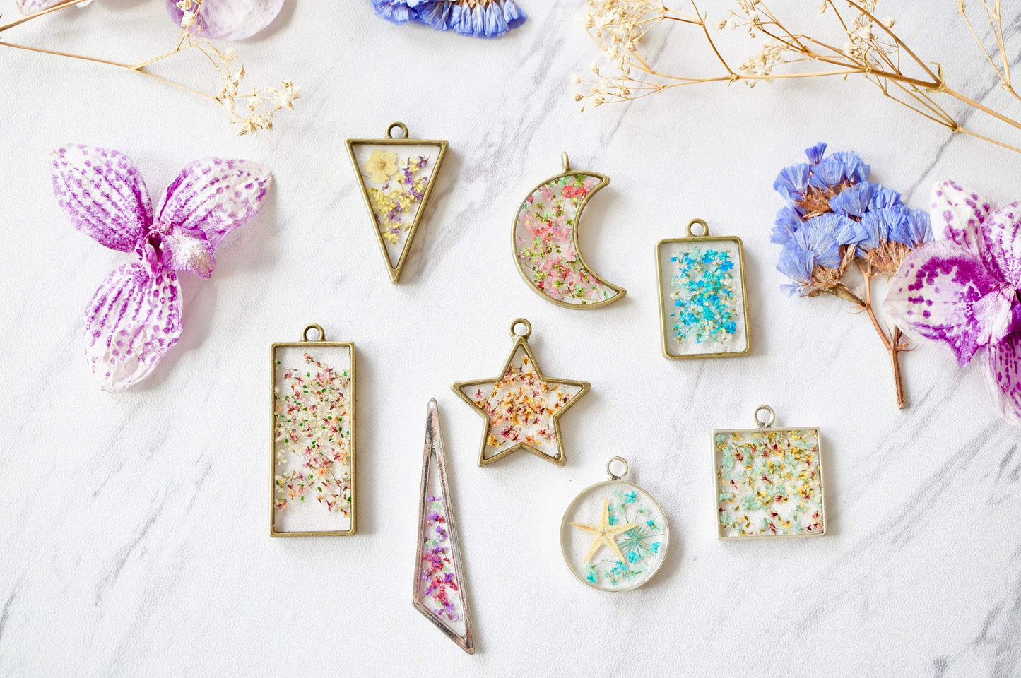 Real Pressed Flowers in Resin, Gold Triangles in Magenta and Light Pink