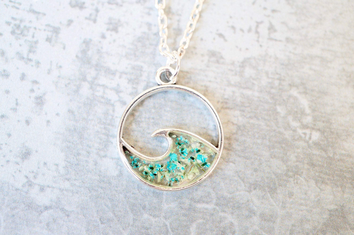 Real Pressed Flowers in Resin, Silver Circle Wave Necklace in Teal and Mint