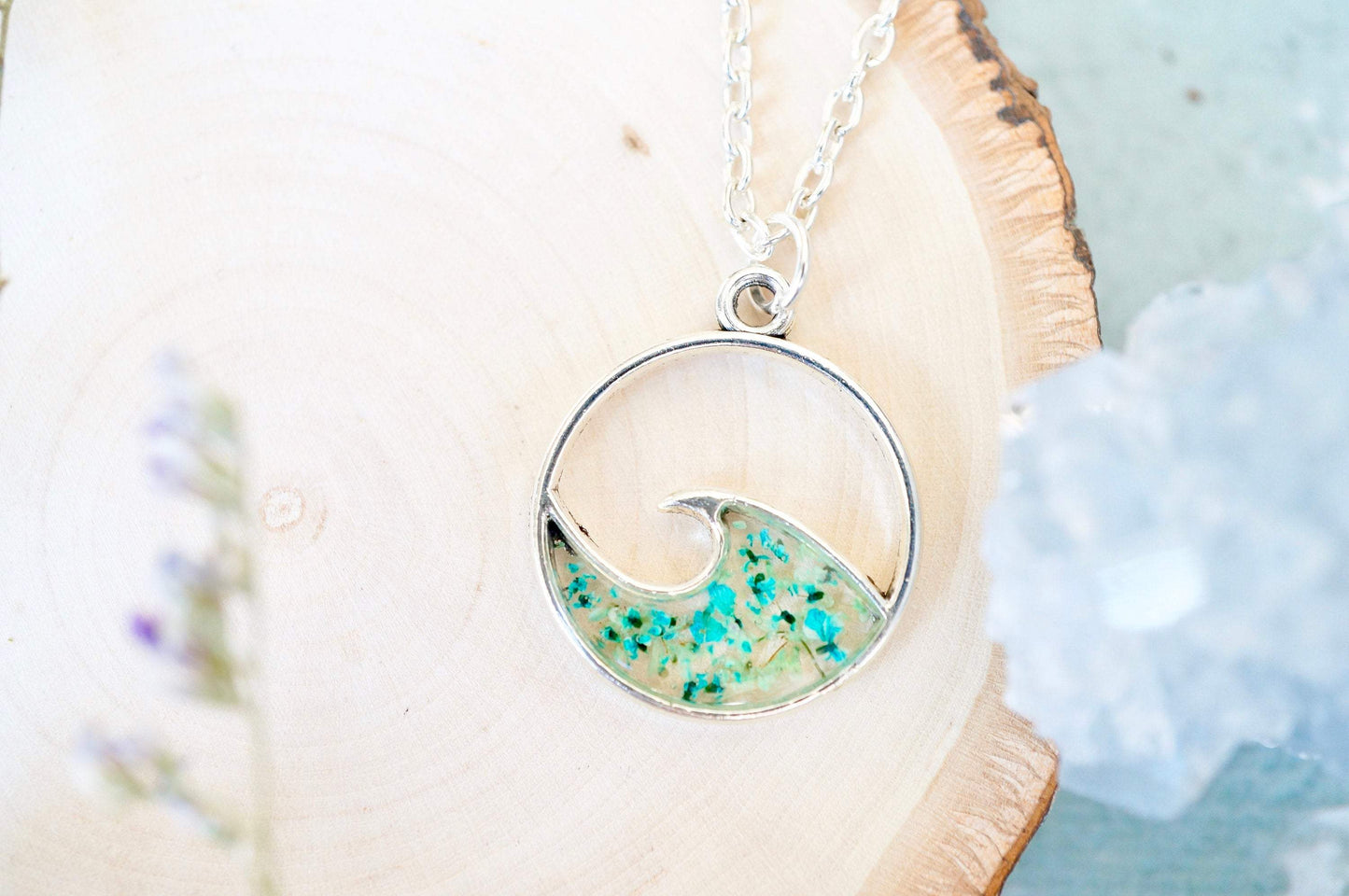 Real Pressed Flowers in Resin, Silver Circle Wave Necklace in Teal and Mint