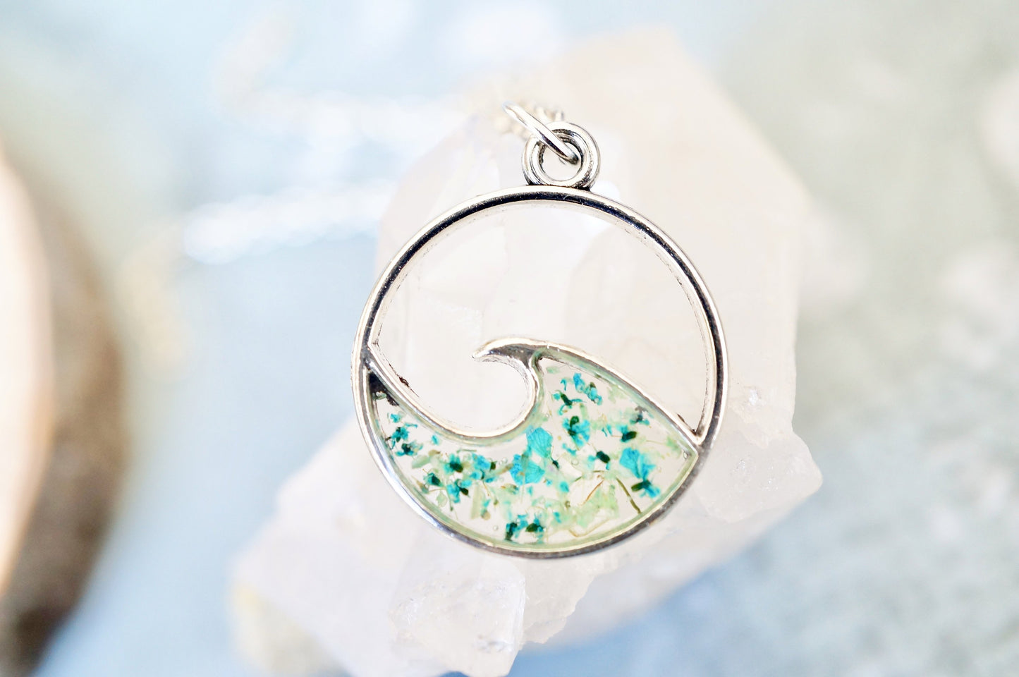 Real Pressed Flowers in Resin, Silver Circle Wave Necklace in Teal and Mint