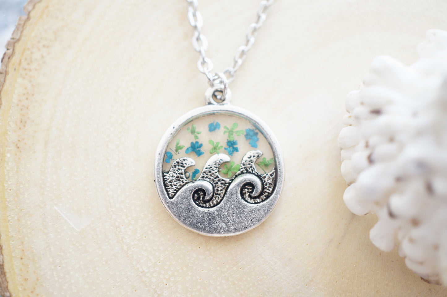 Real Pressed Flowers in Resin, Silver Circle Wave Necklace in Teal and Mint