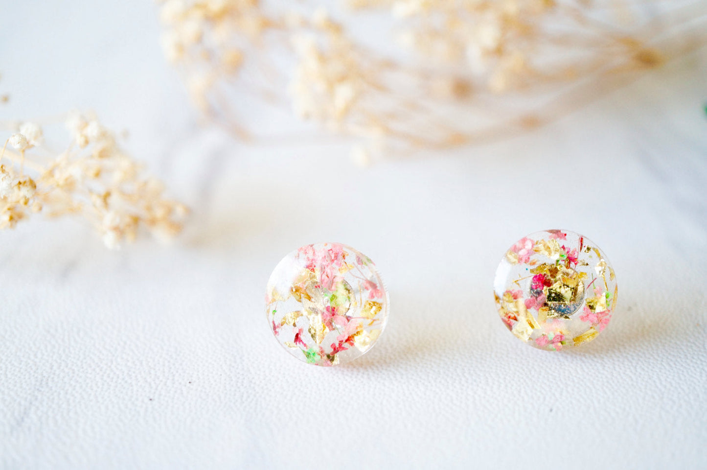Real Dried Flowers and Resin Circle Stud Earrings in Pink Green Gold Flakes