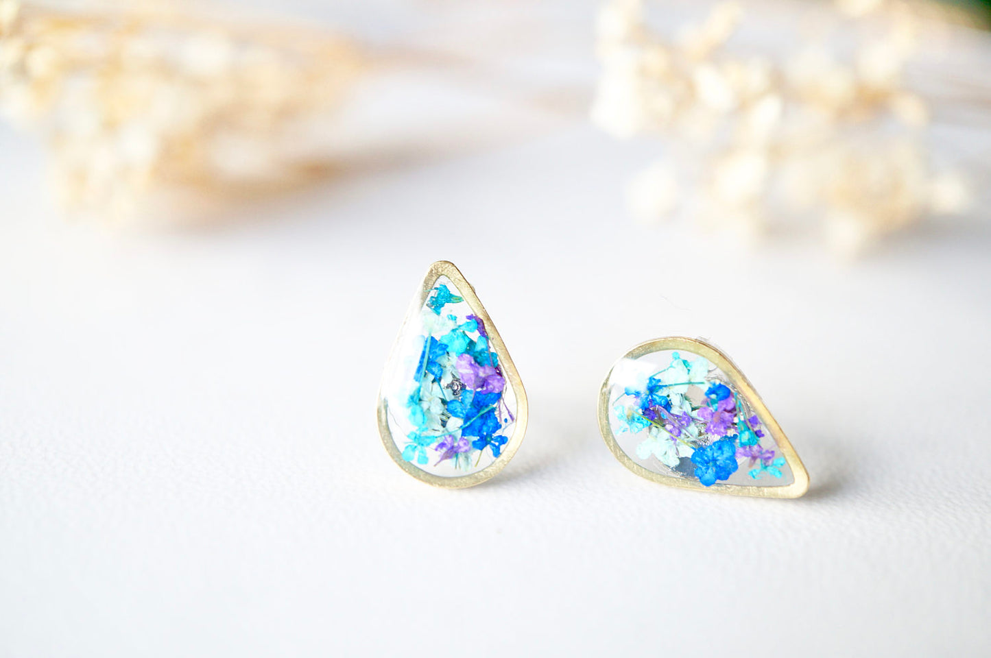 Real Dried Flowers and Resin Stud Earrings, Gold Teardrop in Mint Teal Purple Blue