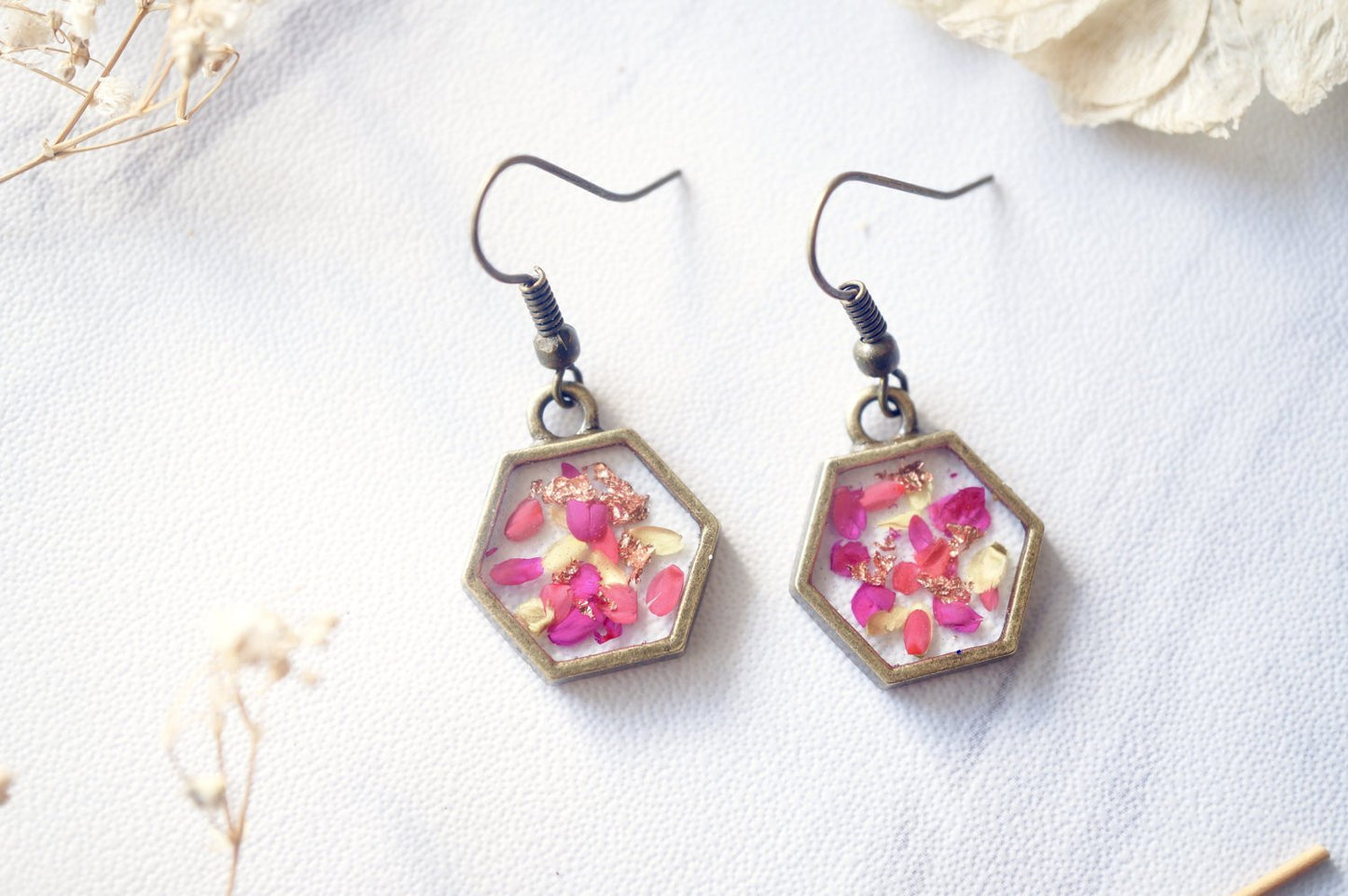 Real Pressed Flowers and Resin Earrings in Neon Pink Yellow and Copper Flakes