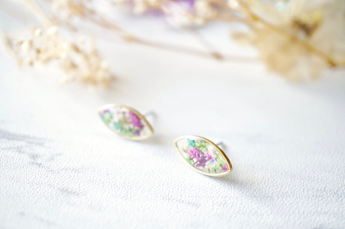 Real Dried Flowers and Resin Eye Stud Earrings in Purple Pink Green Blue White