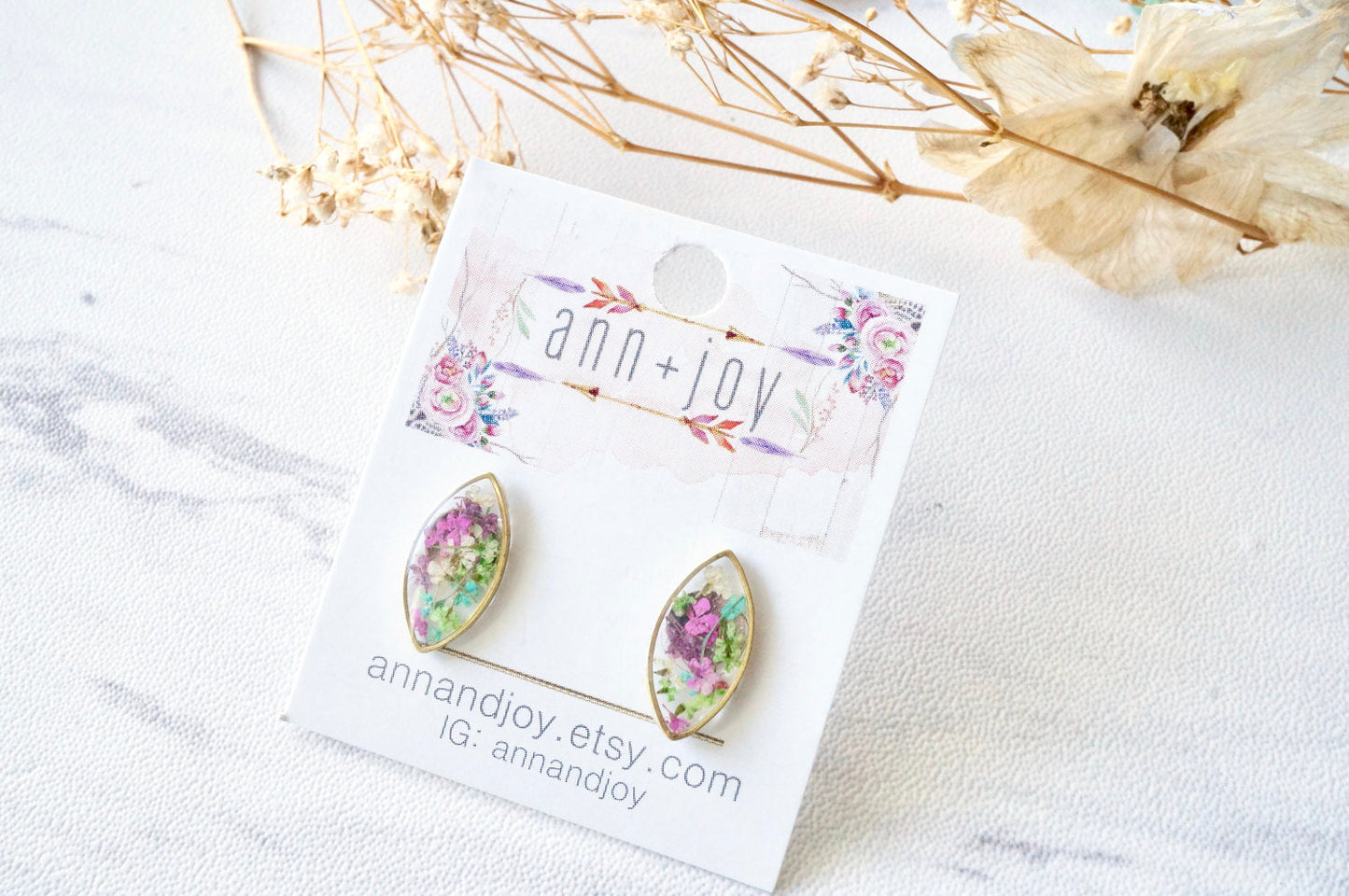 Real Dried Flowers and Resin Eye Stud Earrings in Purple Pink Green Blue White