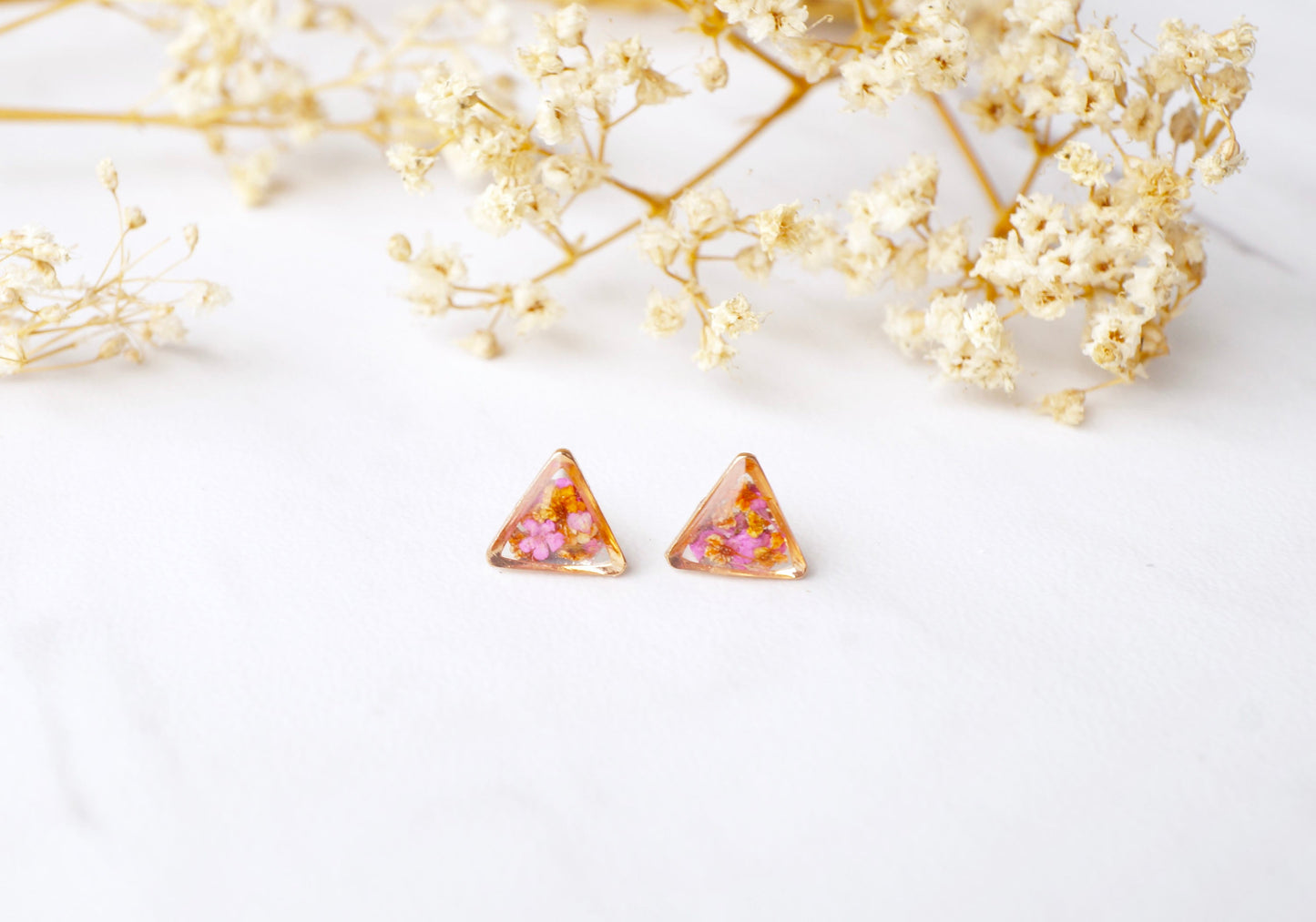 Real Dried Flowers and Resin Stud Earrings in Pink and Orange Mix with Rose Gold frame