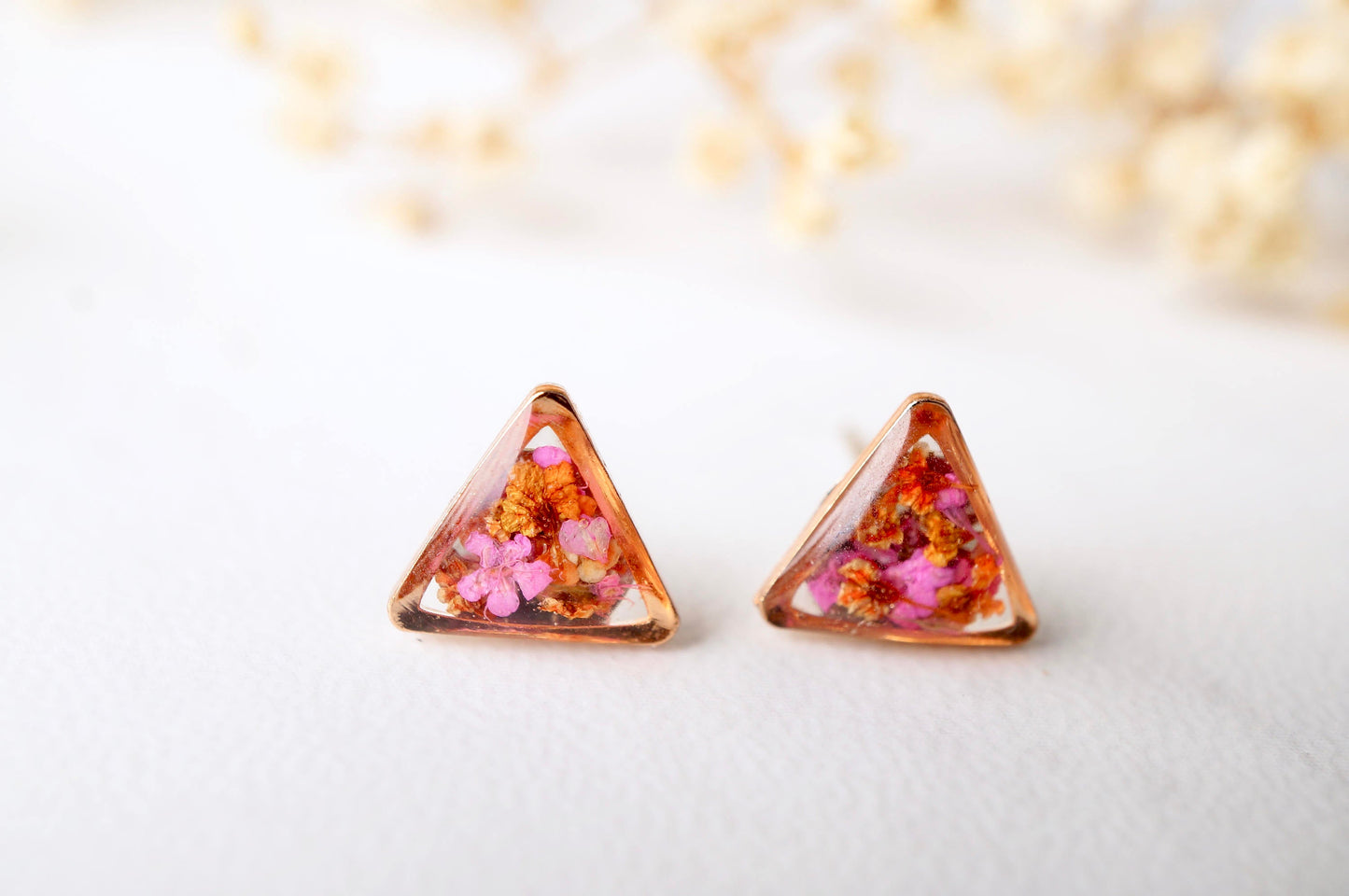 Real Dried Flowers and Resin Stud Earrings in Pink and Orange Mix with Rose Gold frame