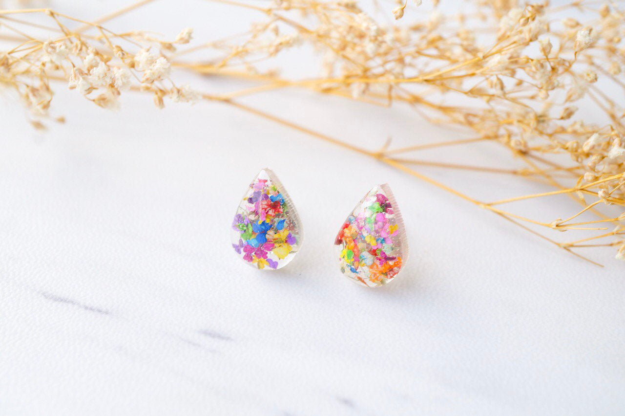 Real Dried Flowers and Resin Teardrop Stud Earrings in Party Mix