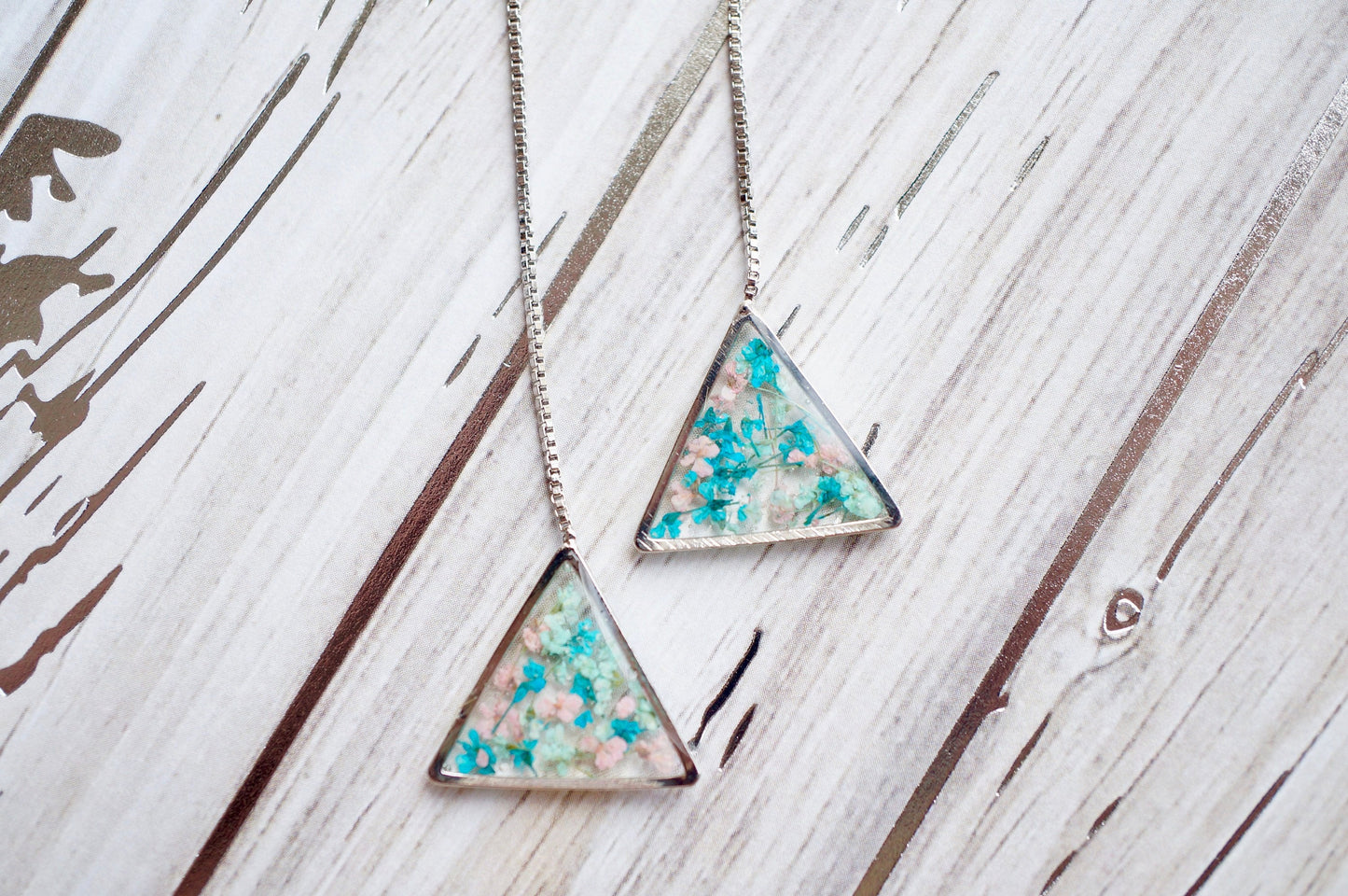 Real Pressed Flowers and Resin Threader Earrings, Silver Triangles in Mint Teal Light Pink