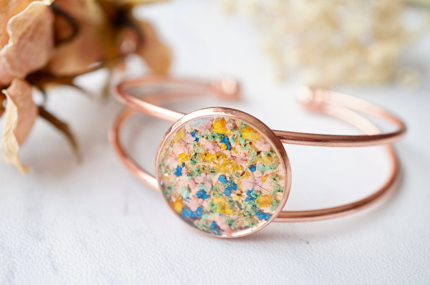 Real Pressed Flowers and Resin Bracelet in Rose Gold with Mint Blue Yellow Pink