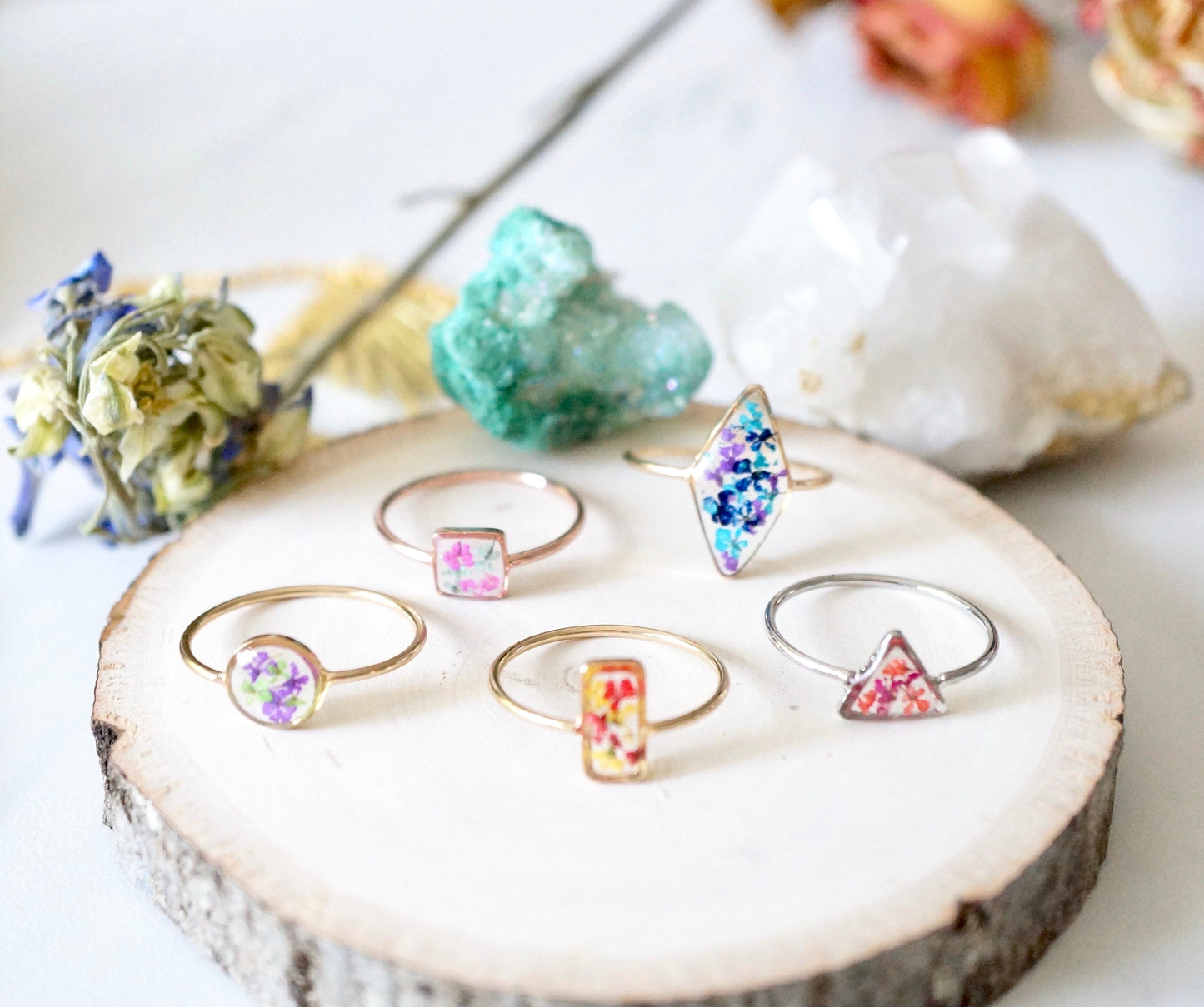Real Pressed Flower and Resin Ring, Triangle Gold Band in Blue Teal Mint