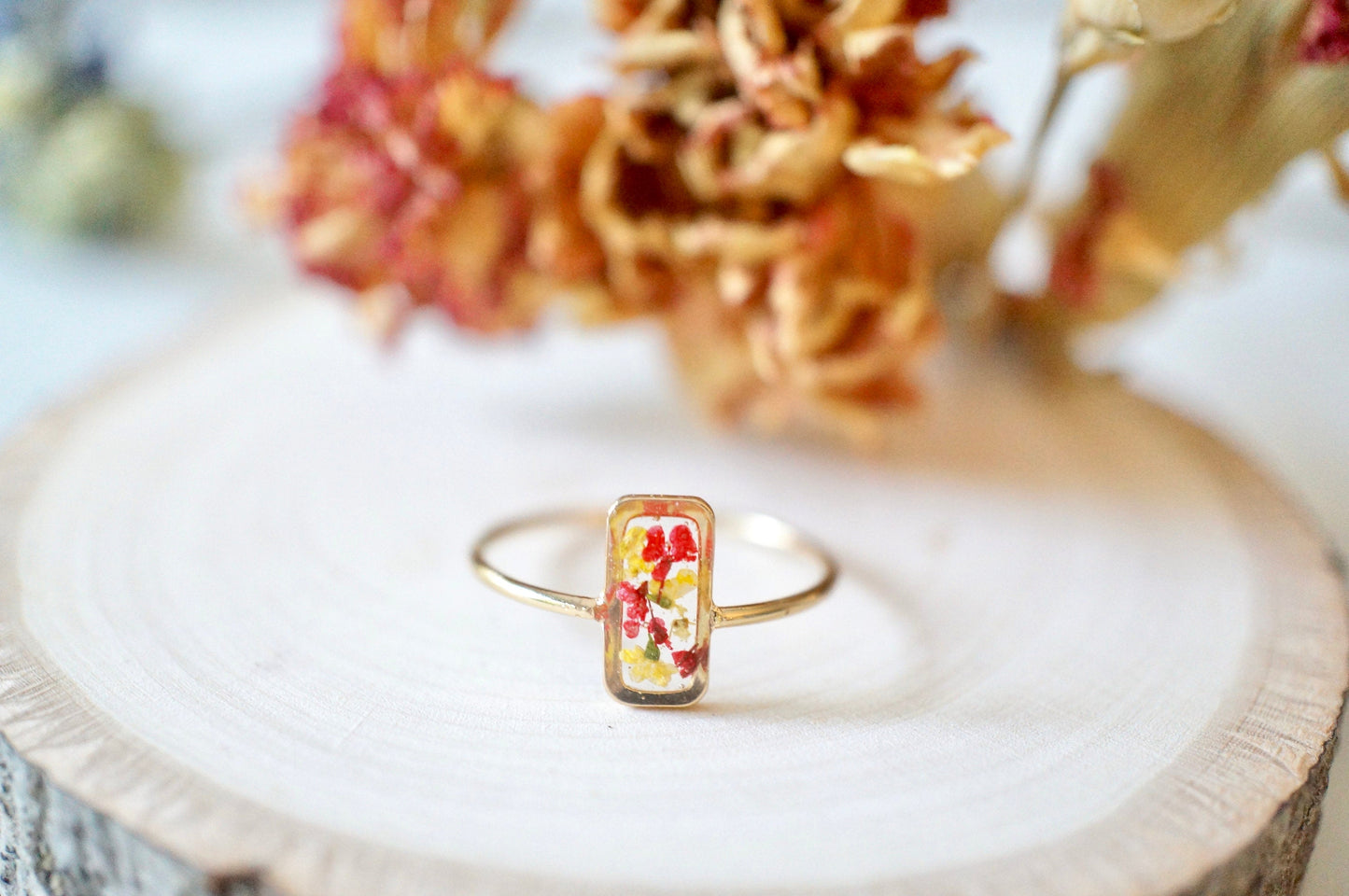 Real Pressed Flower and Resin Ring, Rectangle Gold Band in Yellow and Red