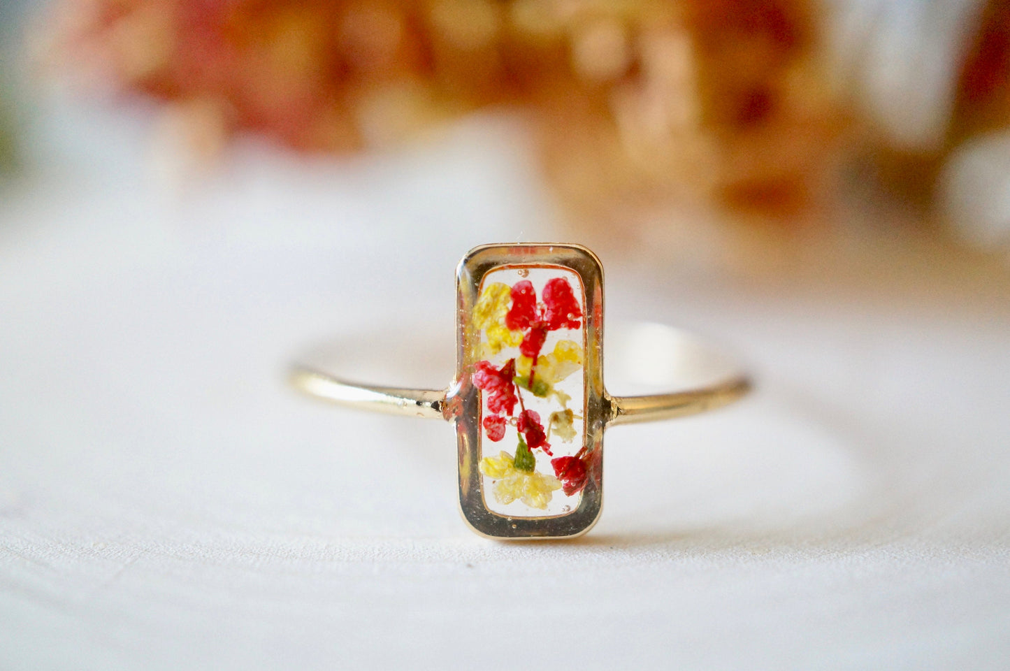 Real Pressed Flower and Resin Ring, Rectangle Gold Band in Yellow and Red