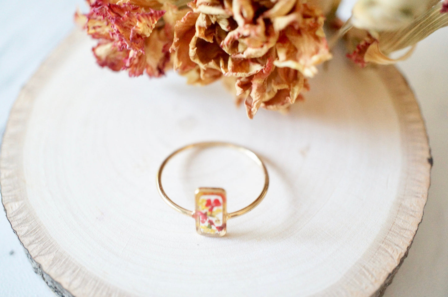 Real Pressed Flower and Resin Ring, Rectangle Gold Band in Yellow and Red