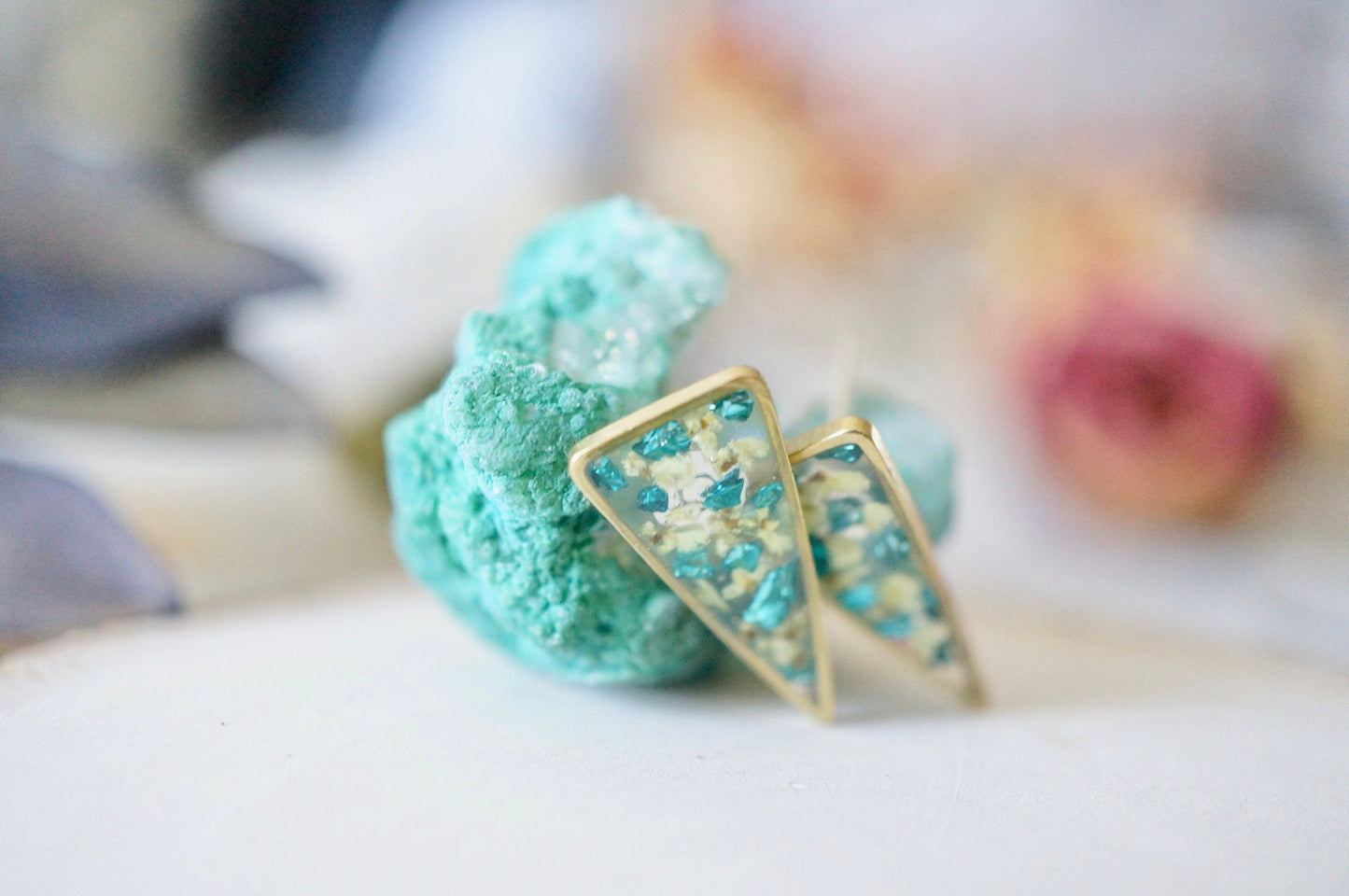 Real Pressed Flowers and Resin, Gold Triangle Stud Earrings in Light Yellow and Teal Glass Glitter