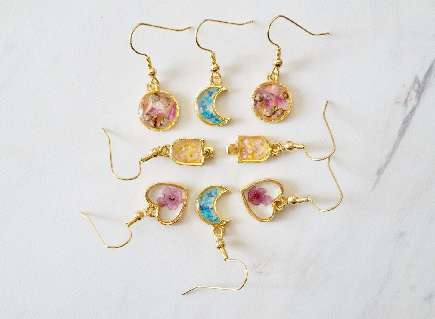 Real Pressed Flowers Earrings, Silver Heart Drops in Orange Teal Green