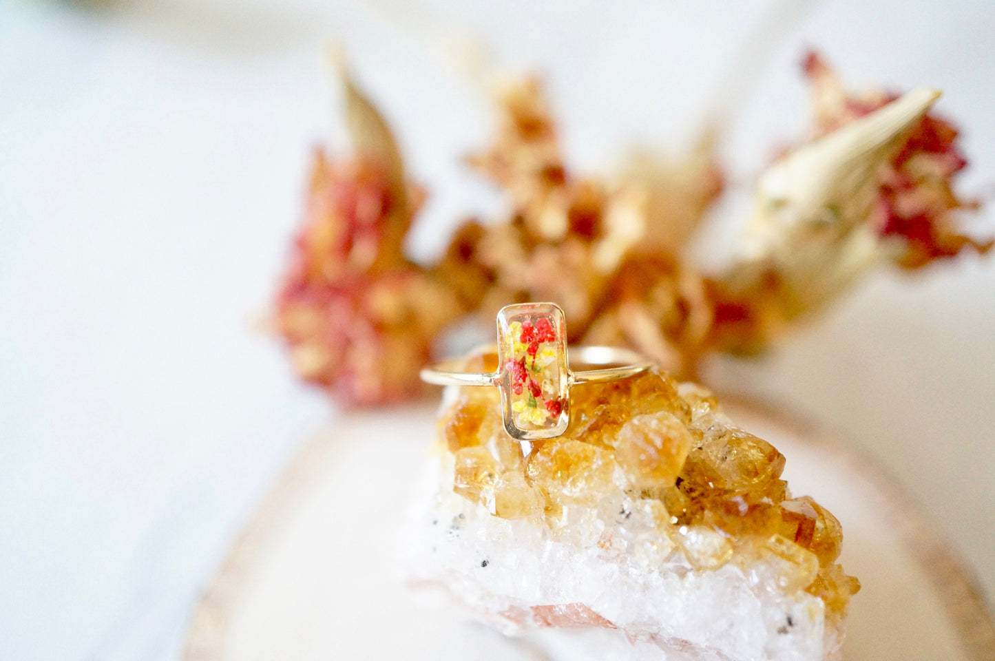 Real Pressed Flower and Resin Ring, Rectangle Gold Band in Yellow and Red
