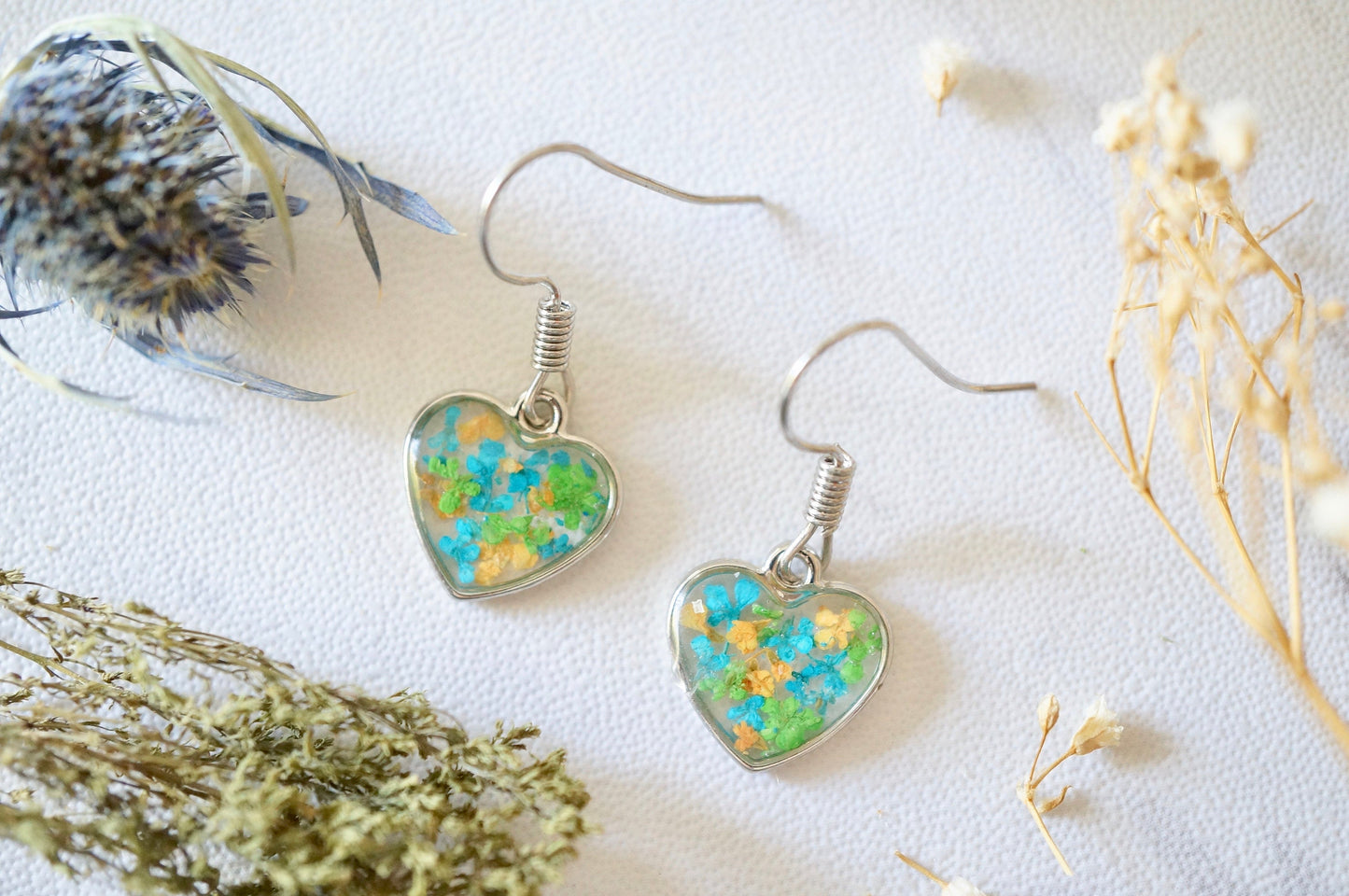 Real Pressed Flowers Earrings, Silver Heart Drops in Orange Teal Green