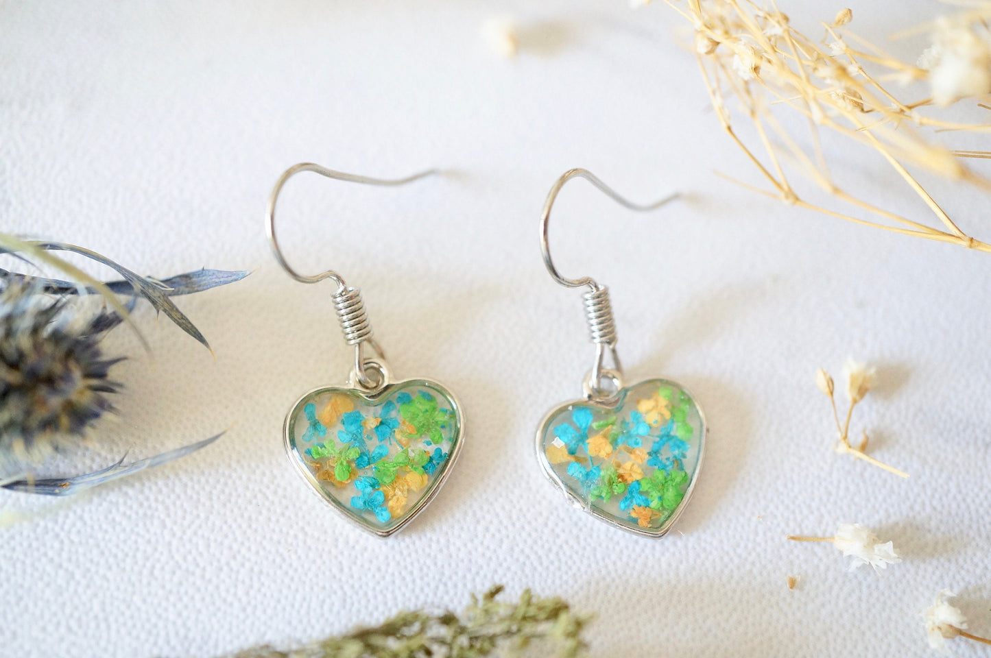 Real Pressed Flowers Earrings, Silver Heart Drops in Orange Teal Green
