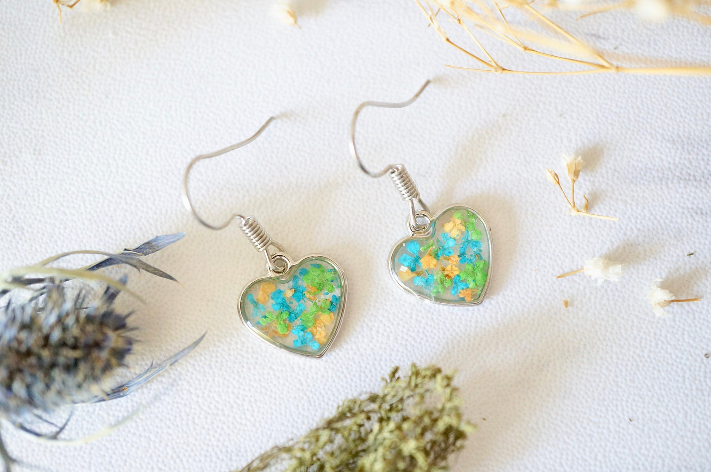 Real Pressed Flowers Earrings, Silver Heart Drops in Orange Teal Green