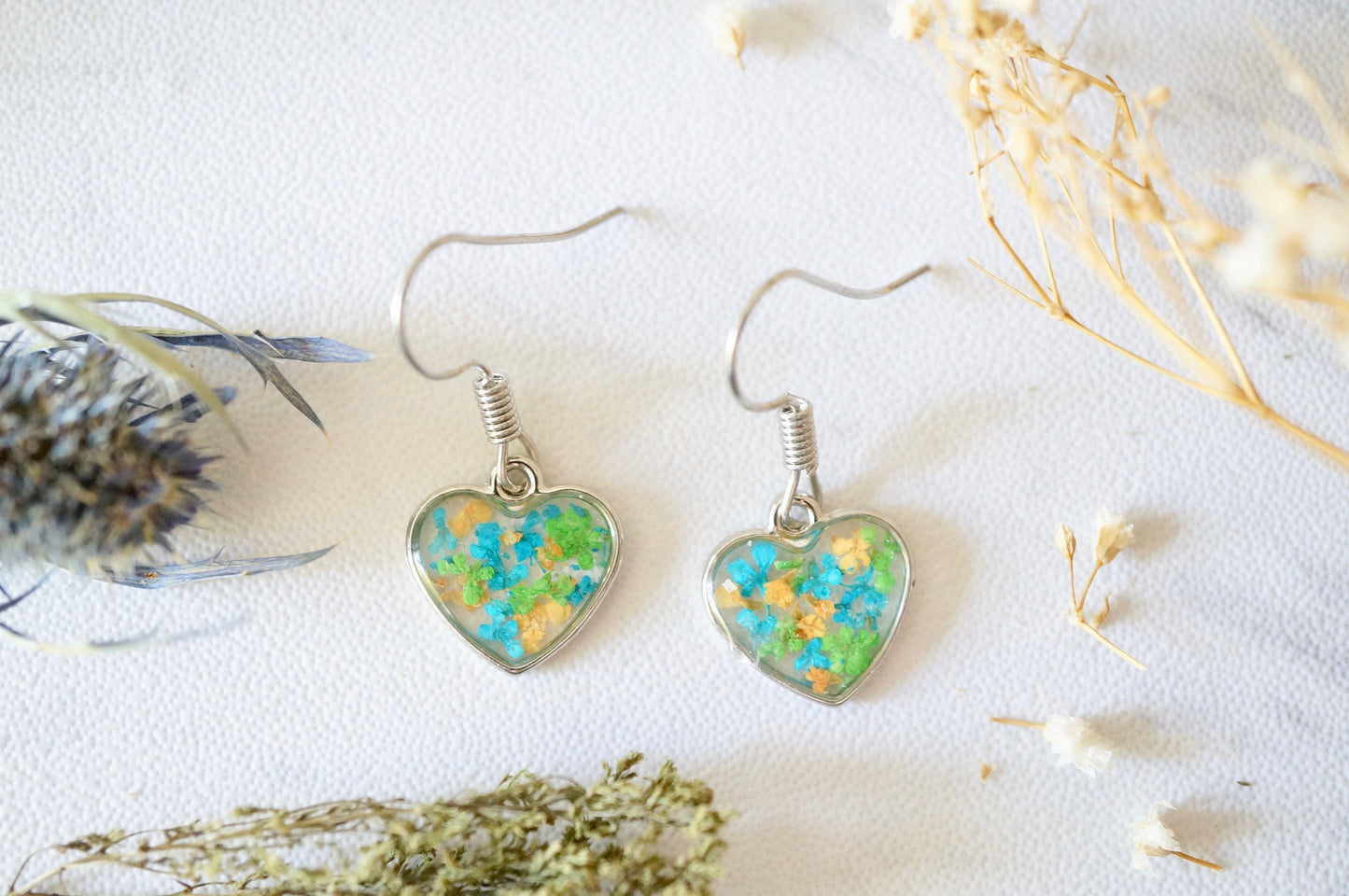 Real Pressed Flowers Earrings, Silver Heart Drops in Orange Teal Green