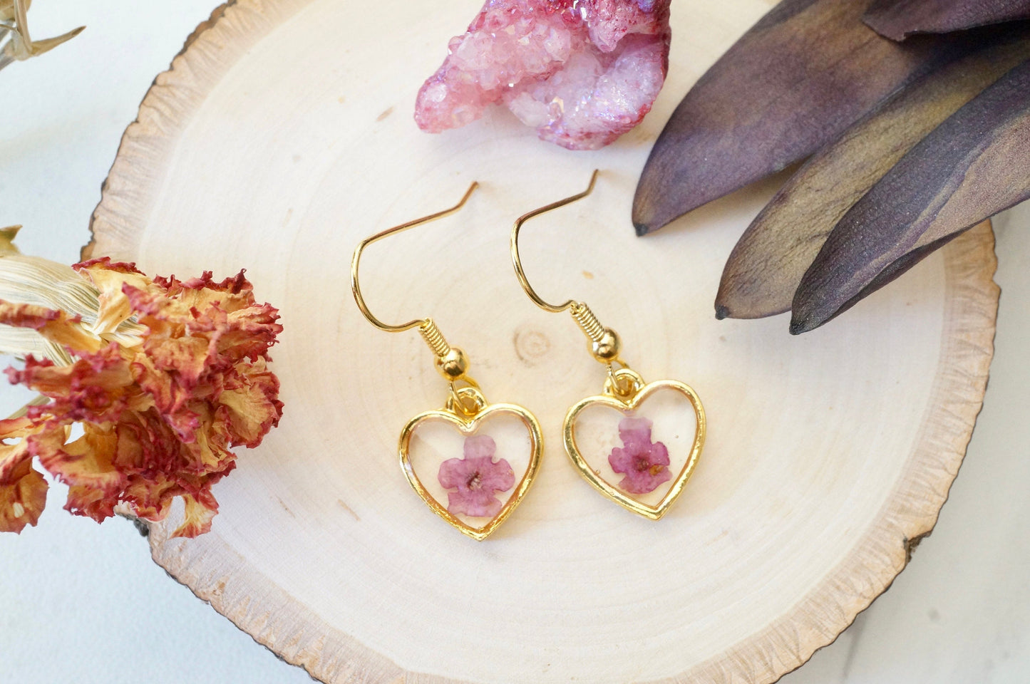 Real Pressed Flowers Earrings, Gold Heart Drops in Purple