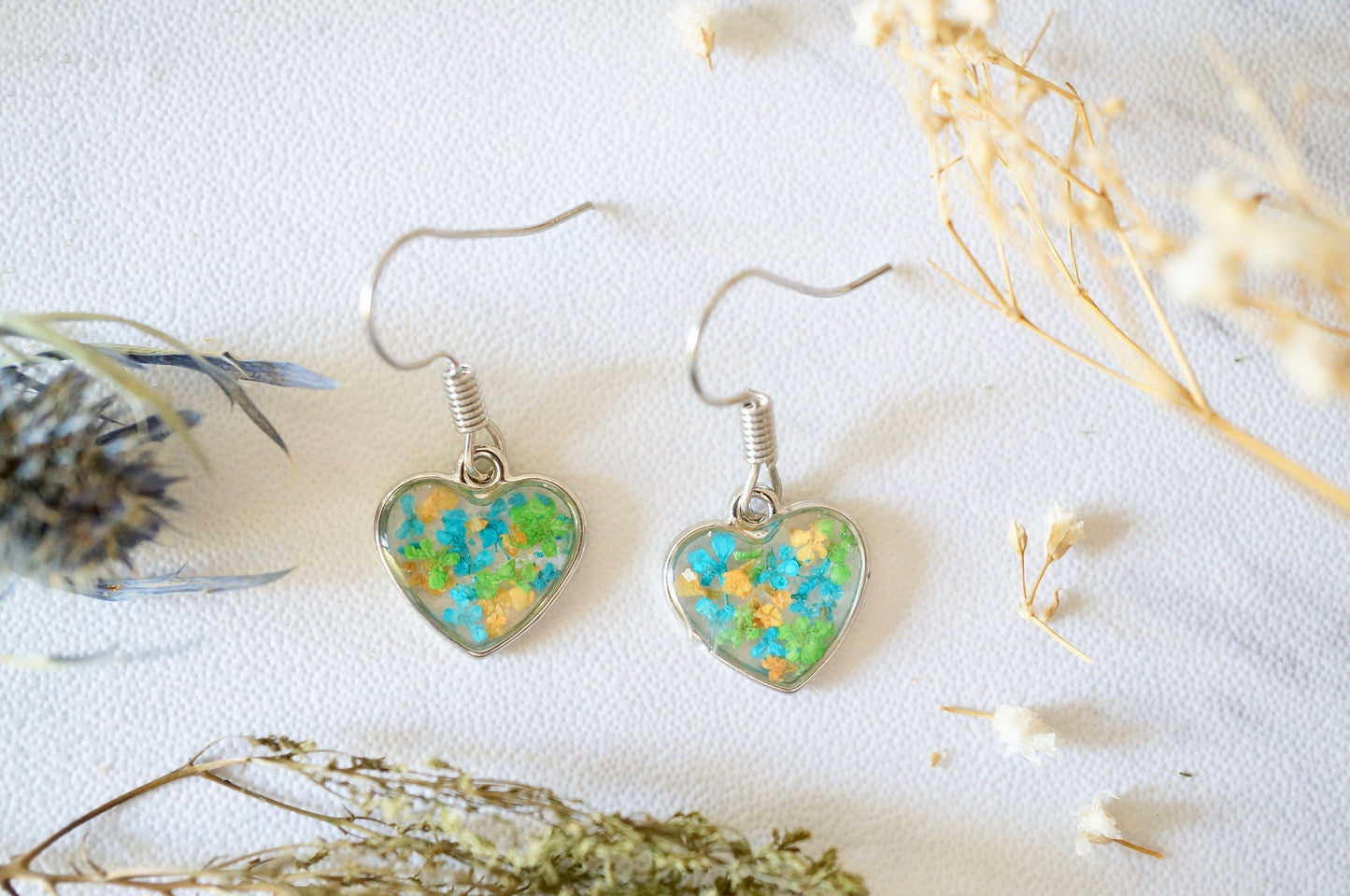 Real Pressed Flowers Earrings, Silver Heart Drops in Orange Teal Green