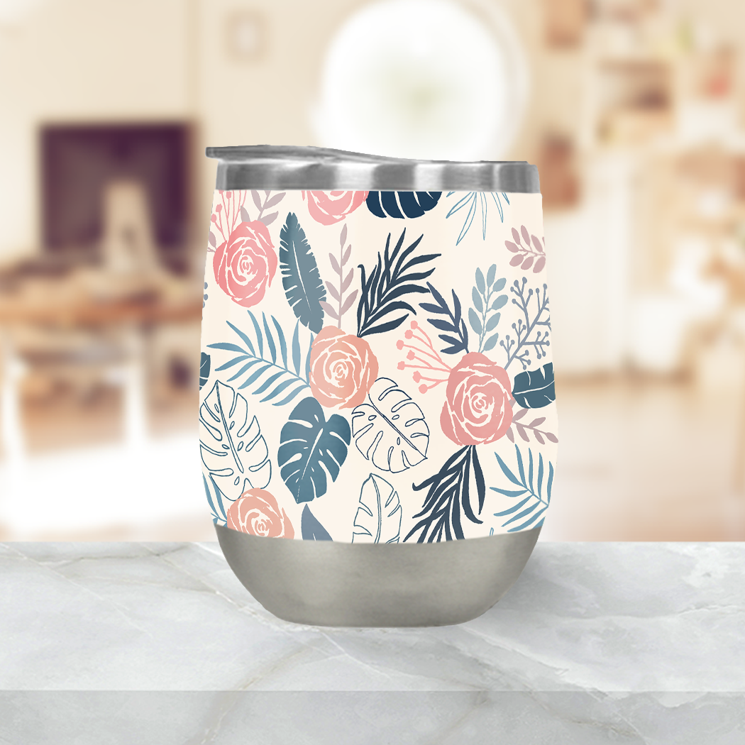 Blue and Blush Tropical Floral Stemless Wine Tumblers
