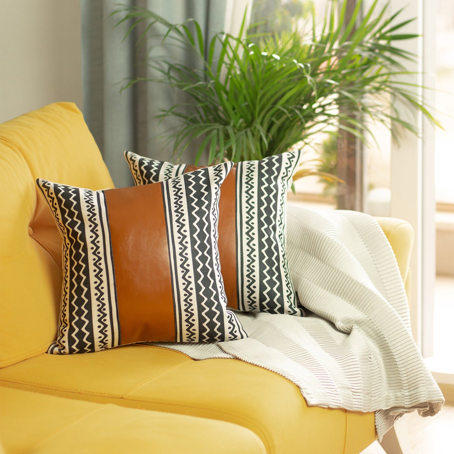 Boho Handcrafted Vegan Faux Leather Brown 17 in. x 17 in. Square Abstract Geometric Throw Pillow Cover