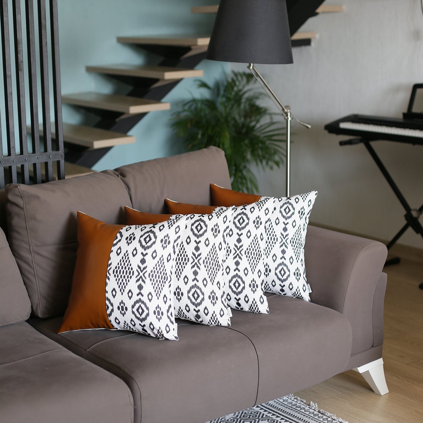 Boho Handcrafted Vegan Faux Leather Square Abstract Geometric Throw Pillow Cover Set of 4