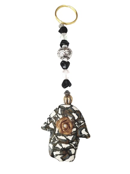 Black and White Clay Hamsa Keychain