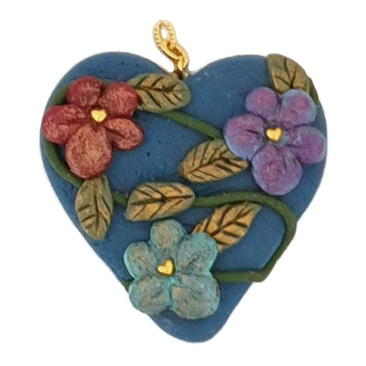 Teal Blue Clay Heart w/ Flowers Keychain Pendant