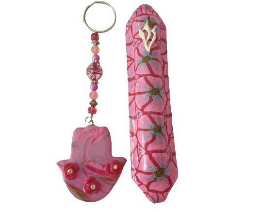 Mezuzah Case w/ matching Pink Floral Hamsa Keychain