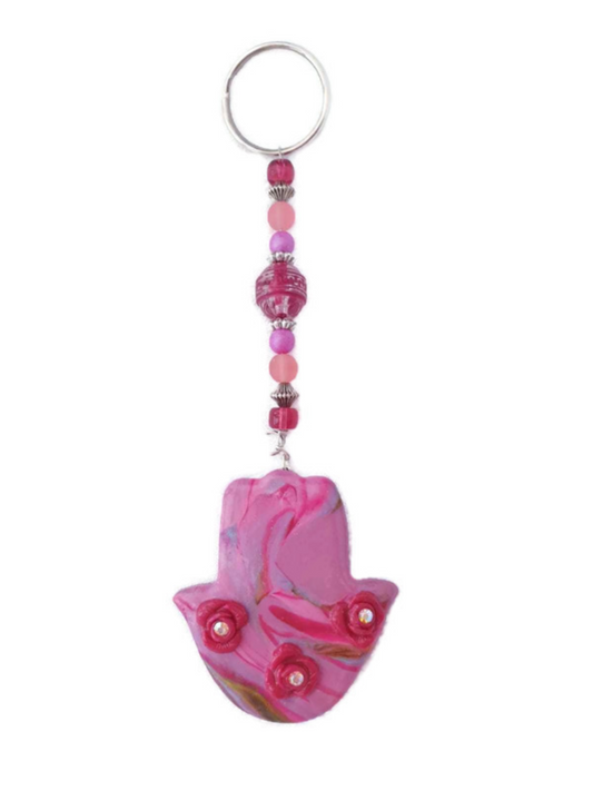Pink Floral Hamsa Clay Keychain