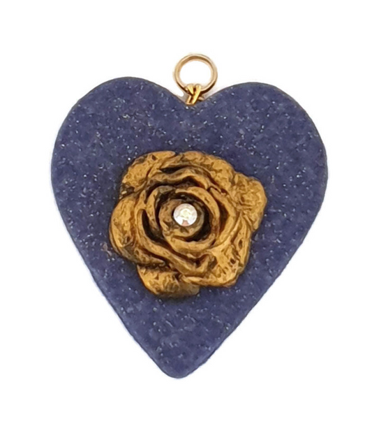 Faux Lapis Clay Heart w/ Gold Rose Keychain Pendant