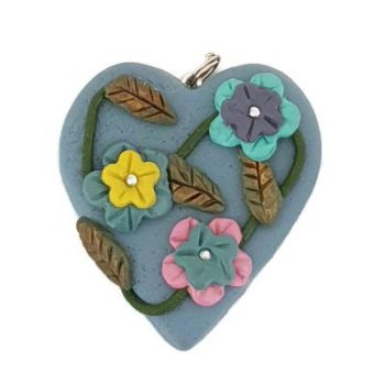 Blue Clay Heart w/ Flowers Keychain Pendant